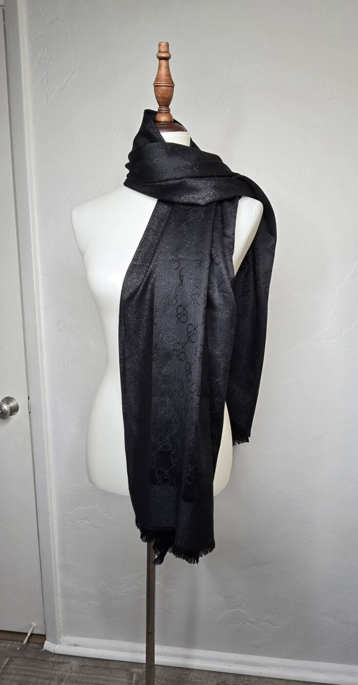 Calvin Klein Black Monogram Logo Pattern Scarf Wrap Fringed